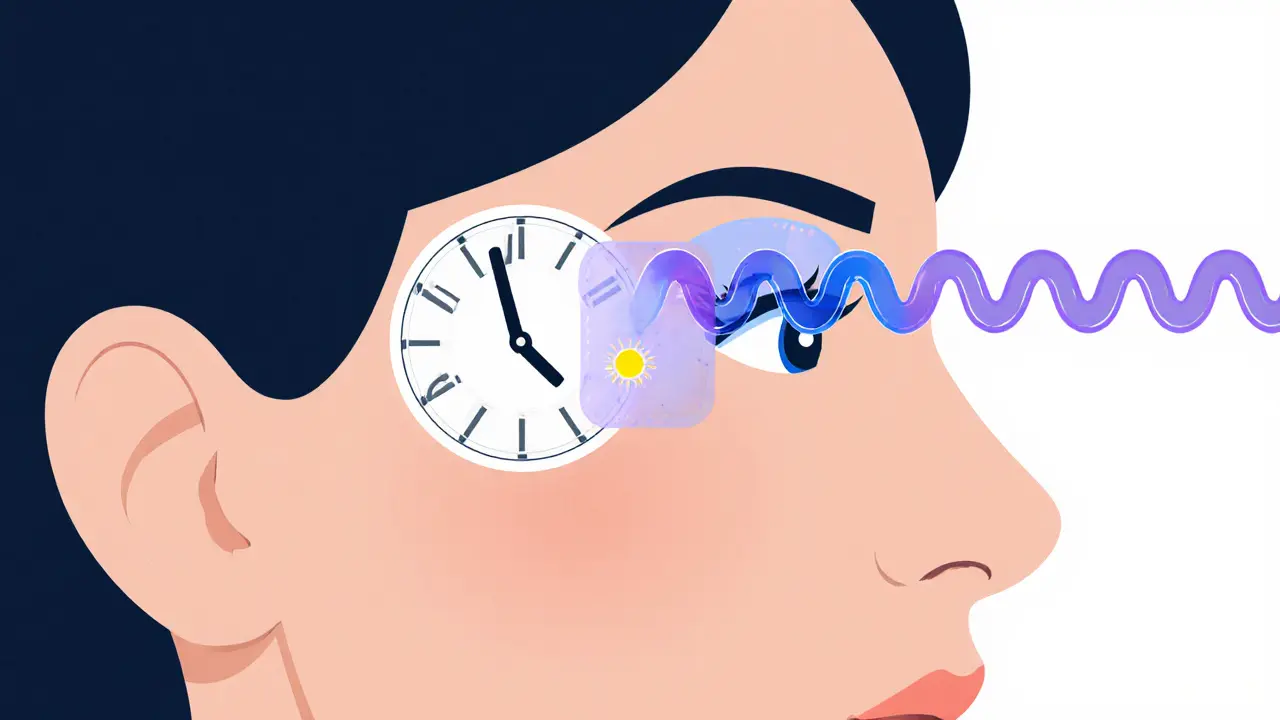 Профиль лица с часами, показывающими циркадные ритмы и пептидные патчи.