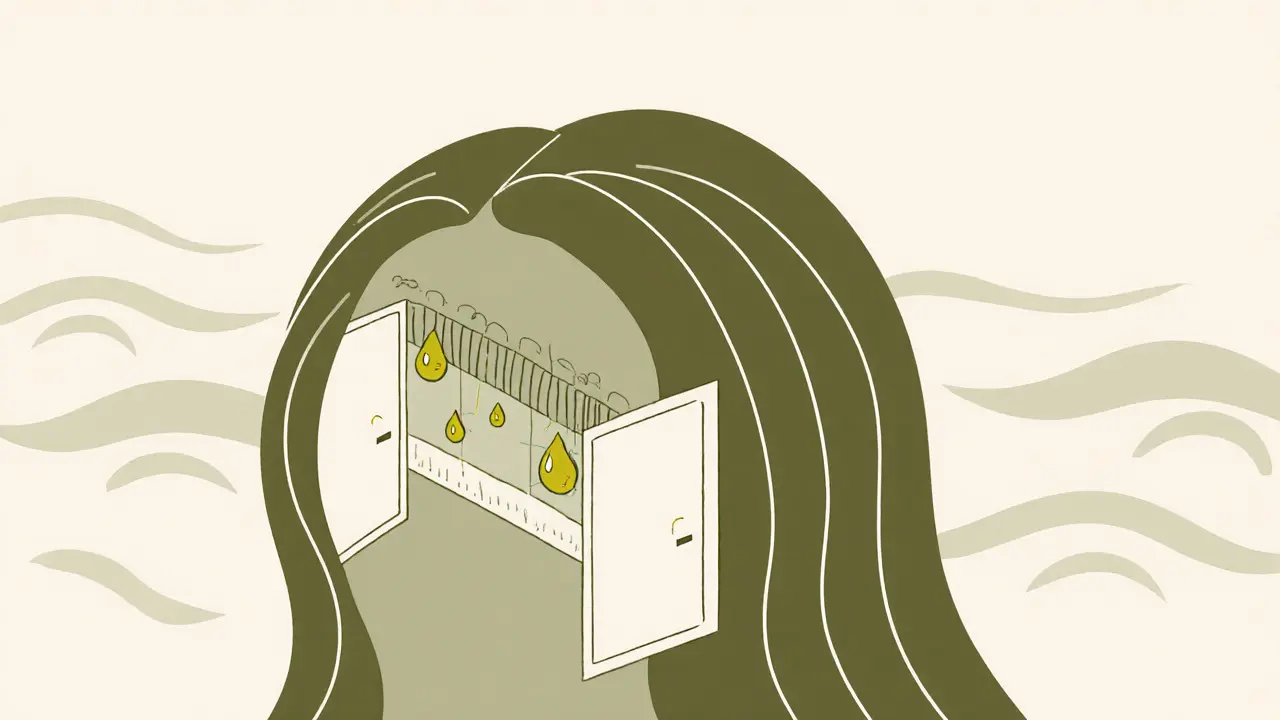 Разрез волоса: кутикула открывается, масло проникает в кортекс.