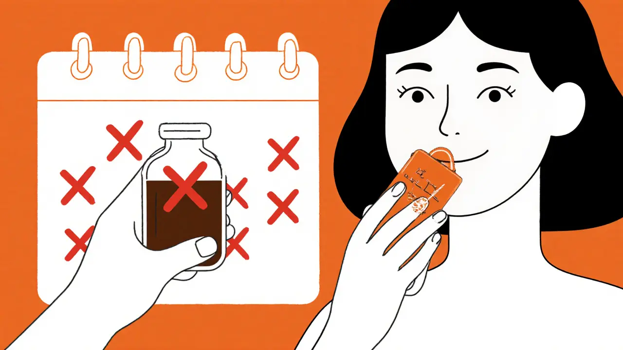 Рука держит флакон фенола рядом с календарем и уходом за кожей, символизируя риски и безопасную альтернативу.
