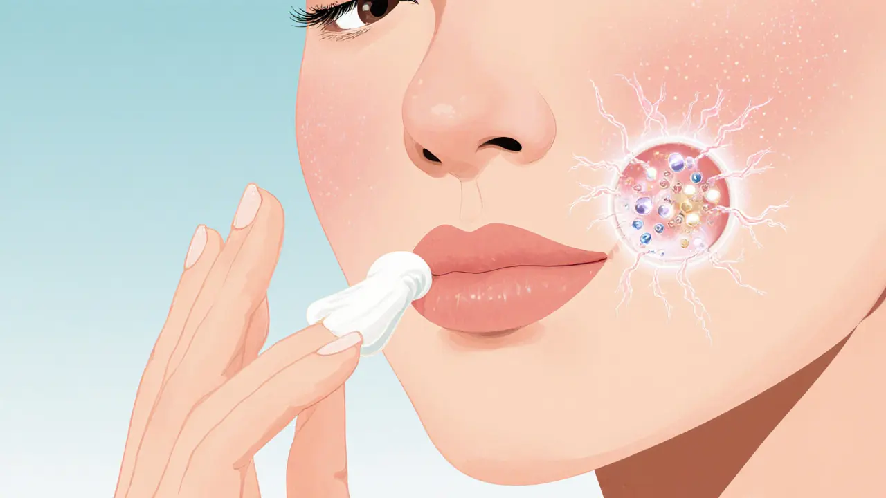 Рука наносит крем с цинком, который доставляется в сальную железу через липосомы.