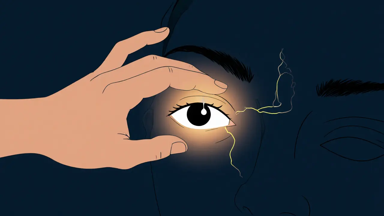 Рука выполняет массаж вокруг глаз по технике Асахи, показаны направления движения.