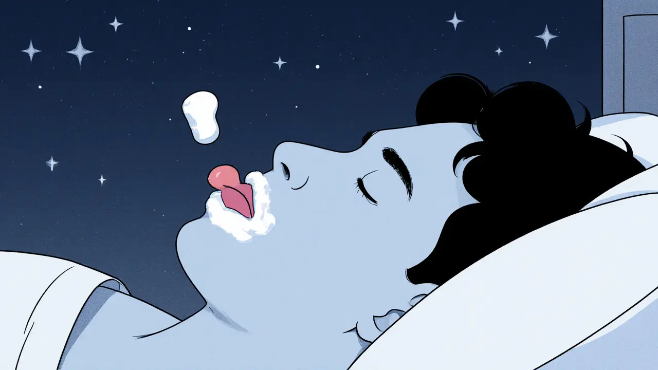 Спящий человек с защитным слоем на губах, язык остановлен в воздухе.