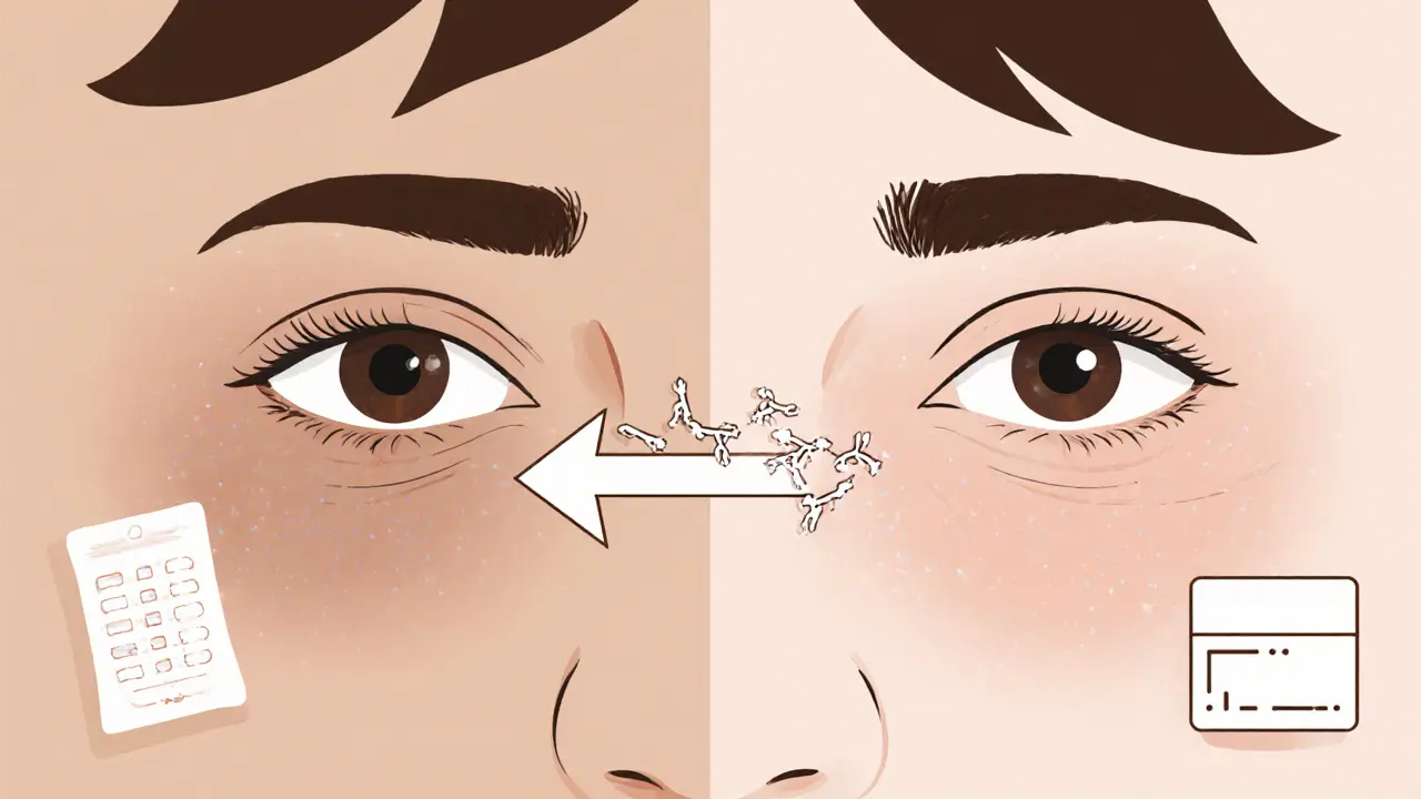Сравнение кожи вокруг глаз до и после применения пептидов в минималистичном стиле.