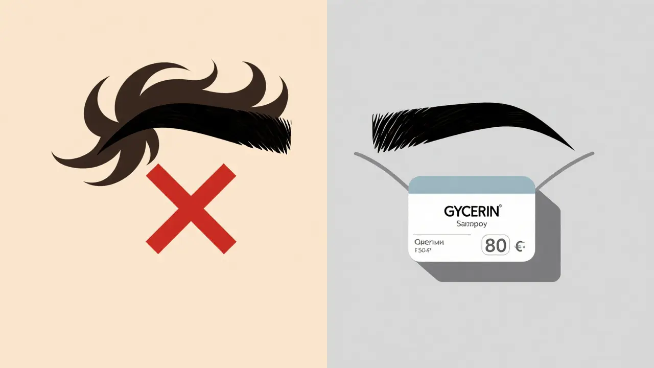 Сравнение непослушных и уложенных бровей с бруском мыла и ценой 80 рублей.