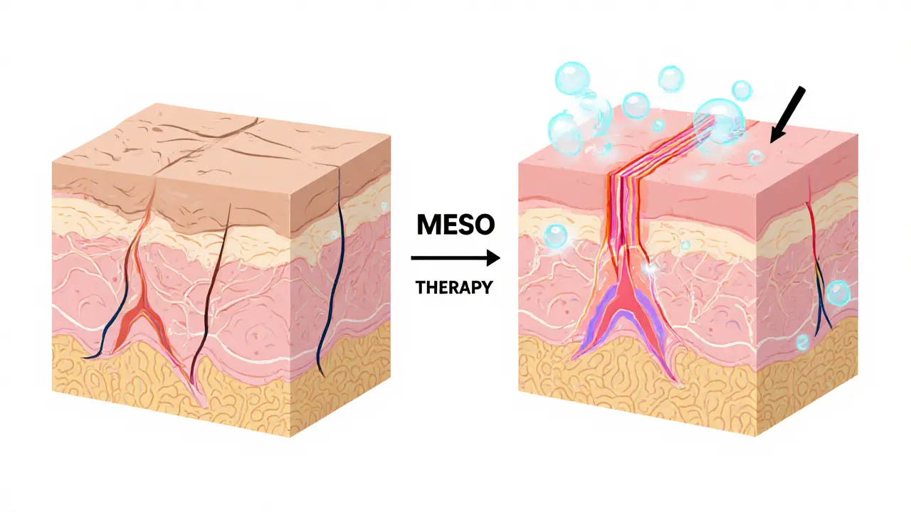 Сравнение старой и обновлённой кожи с волокнами коллагена и гиалуроновой кислотой.