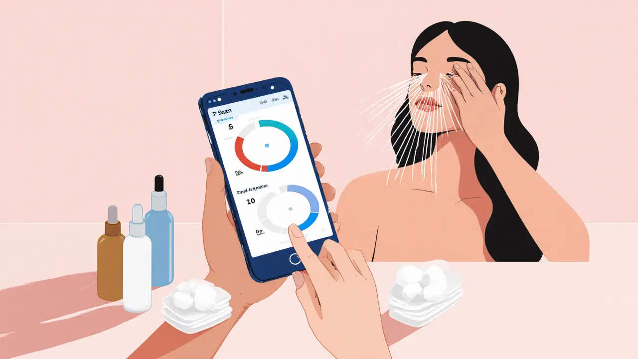 Умное зеркало анализирует кожу, женщина ополаскивает лицо теплой водой.