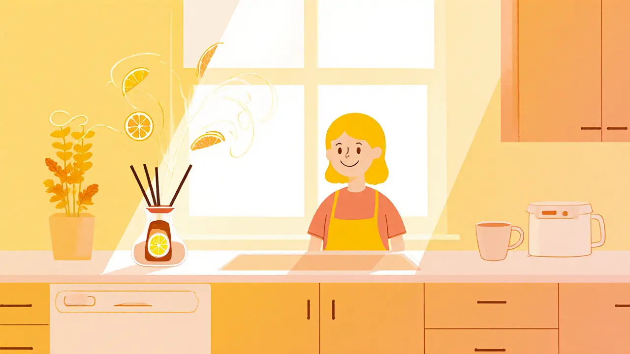 Утром человек улыбается, вдыхая цитрусовый аромат, кофе не тронут.