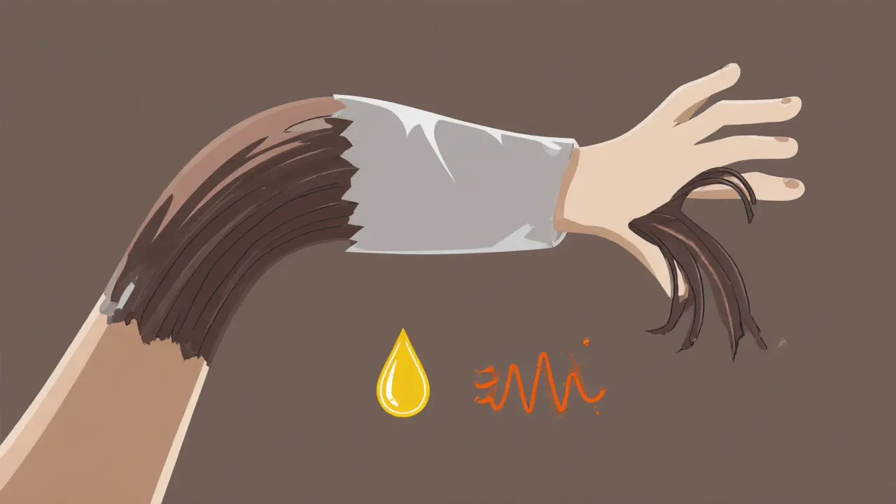 Волос, обернутый блестящим силиконом, с поврежденной основой и символами жира и тепла.