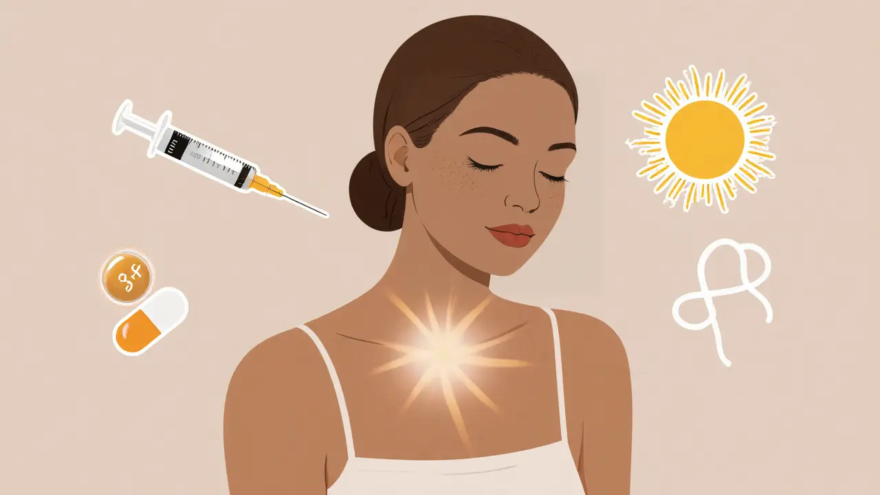 Женщина после мезотерапии с мягким сиянием и символами ухода за кожей.