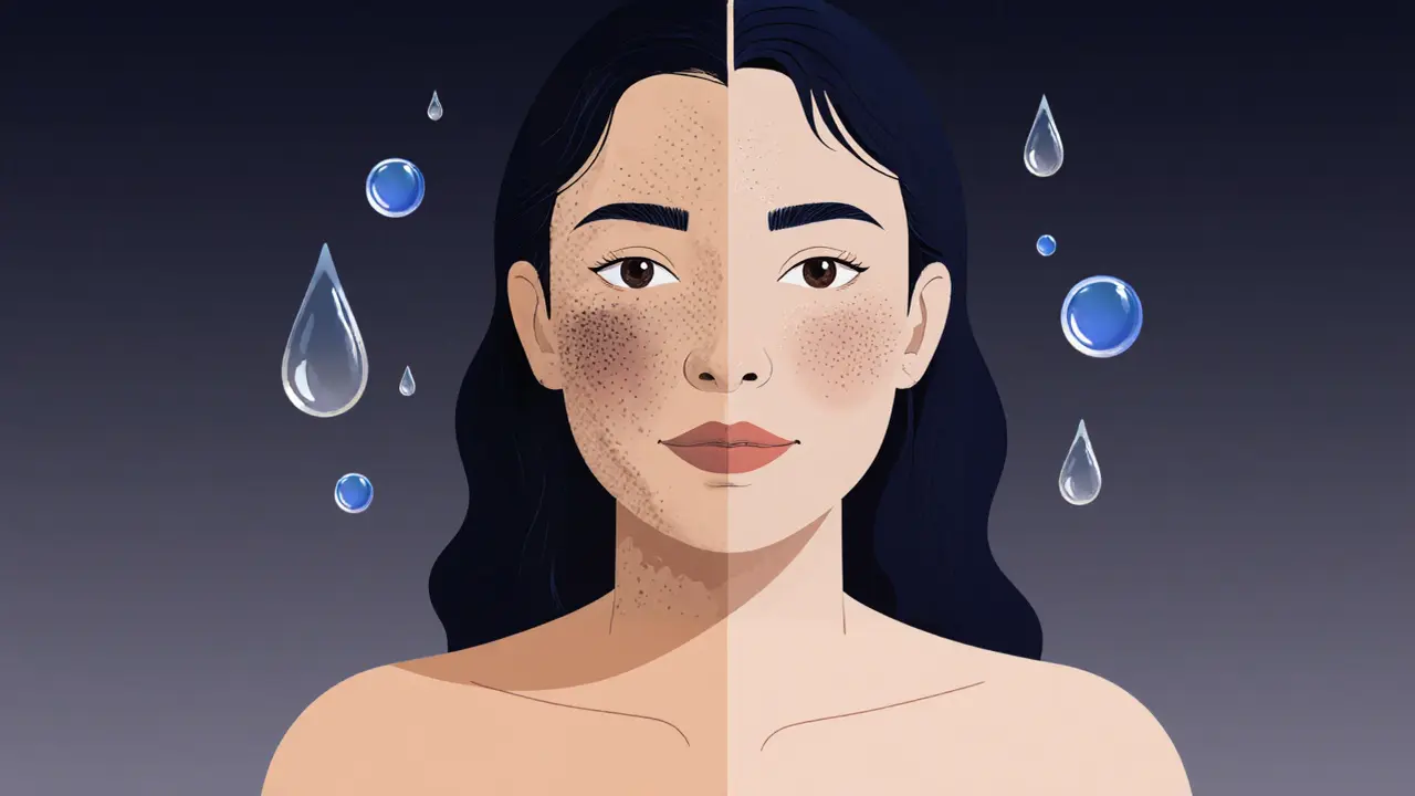 Женщина среднего возраста с одной стороной лица до пилинга и другой — после, показывающая обновление кожи.