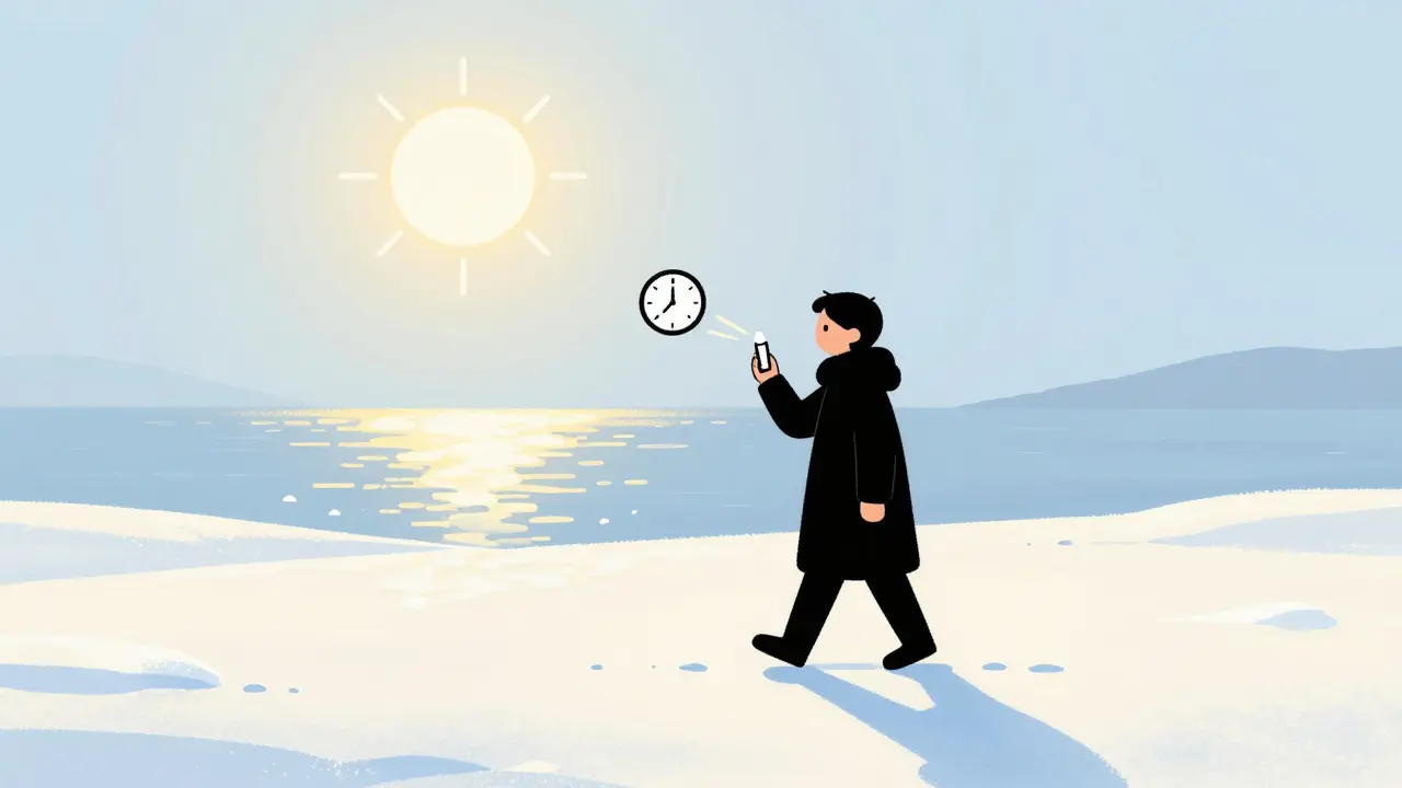 Человек на снегу наносит бальзам, солнце и отражение УФ-лучей.