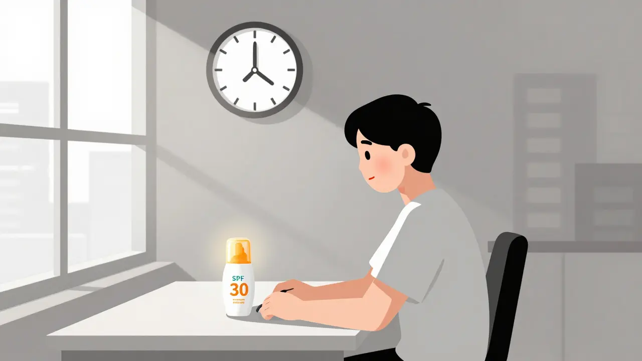 Человек со светлой кожей у окна, солнце вызывает покраснение, рядом SPF-крем