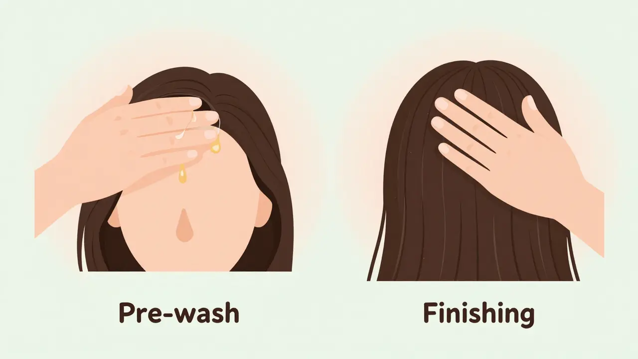 Две руки наносят масло: одна на корни, другая на кончики — два разных метода ухода.