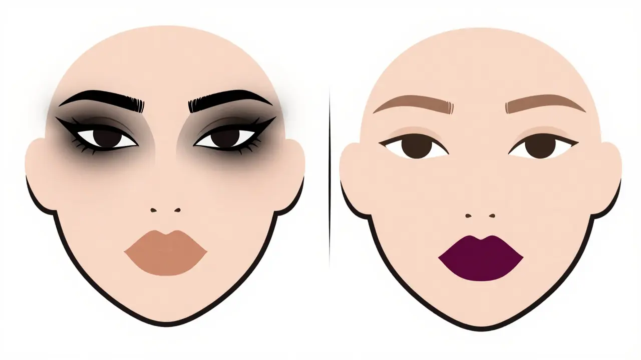 Две стороны лица: одни глаза с дымчатыми тенями, другие — с яркой помадой, разделённые чёткой линией.