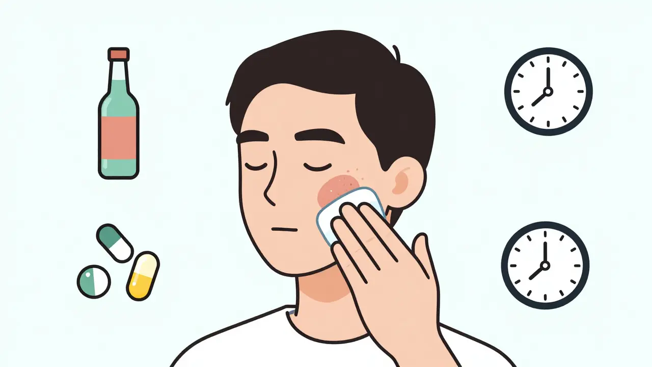 Холодный компресс на щеке с иконками запрещенных веществ и таймером