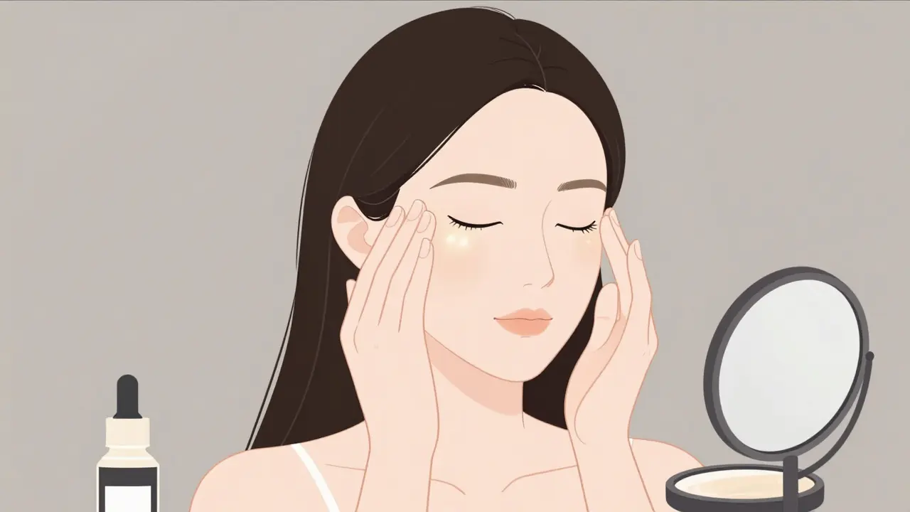 Легкий массаж век от внутреннего уголка к виску, акцент на уходе перед макияжем.