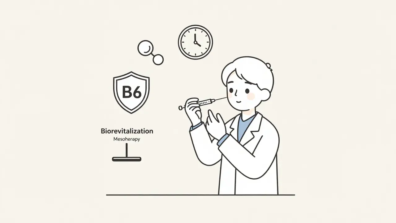 Медик вводит инъекцию, вокруг — символы витаминов, антиоксидантов и длительного эффекта биоревитализации.