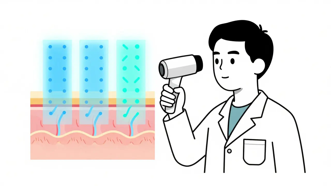 Минималистичная иллюстрация врача, использующего 3D-сканер для анализа кожи с визуализацией слоев дермы и распределения препарата.