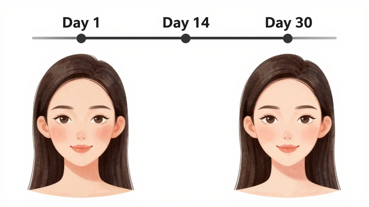 Минималистичная иллюстрация женщины с постепенным улучшением кожи после биоревитализации: от отека к сиянию.