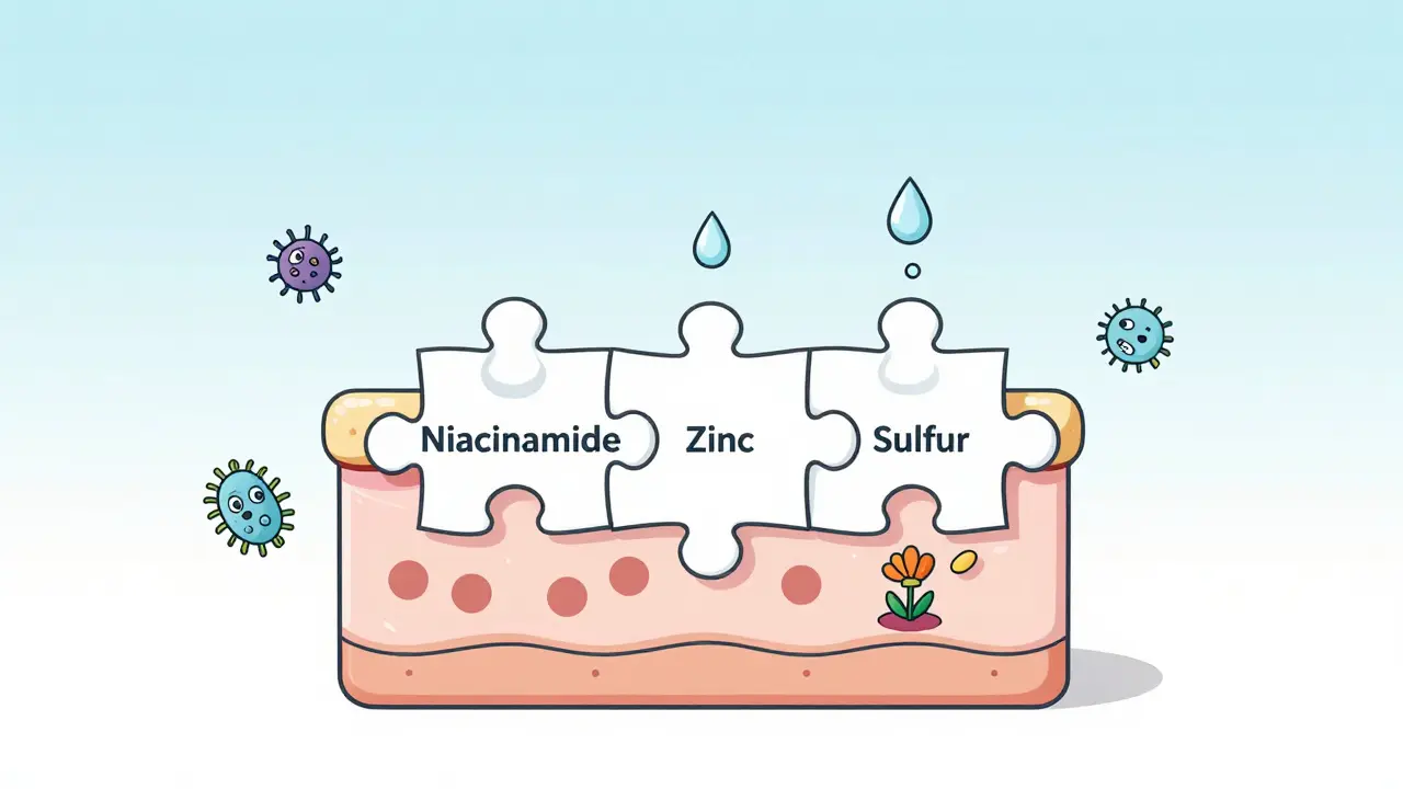 Молекулярная головоломка: три активных компонента, соединяющиеся с кожей, устраняя прыщи и жирный блеск.