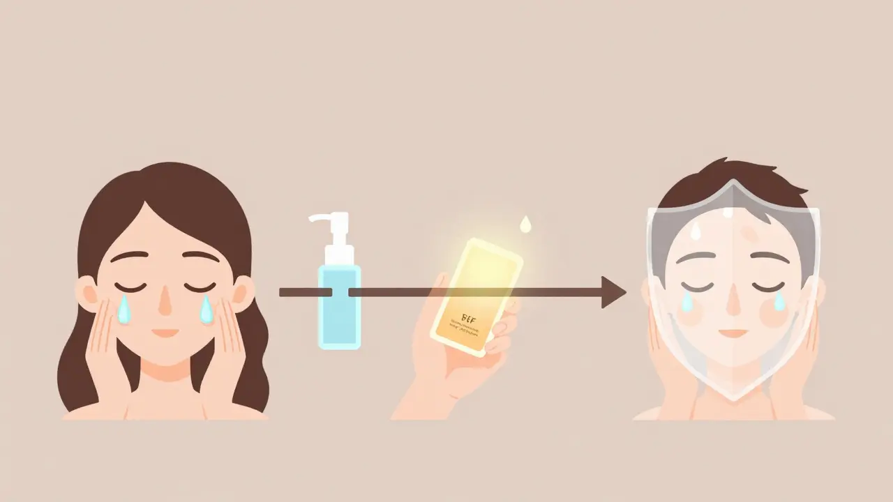 Пошаговая миниатюра ухода за кожей: умывание, сыворотка, SPF — в стиле минималистичной иллюстрации.
