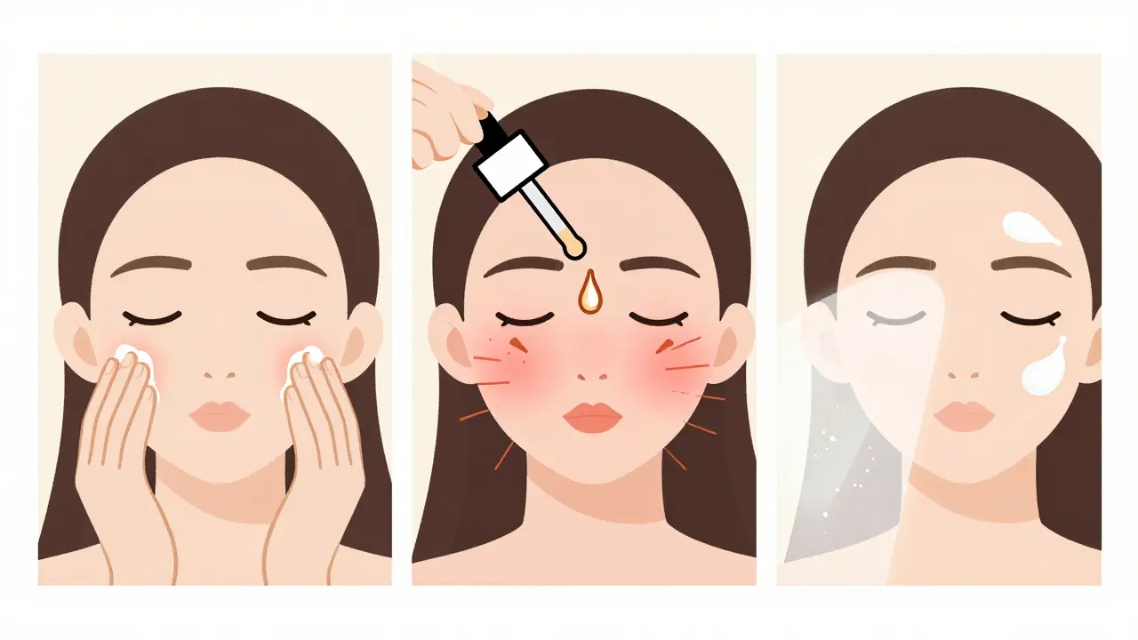 Пошаговая схема ухода за кожей: очищение, сыворотка, увлажнение — без упаковок, только формы и свет.