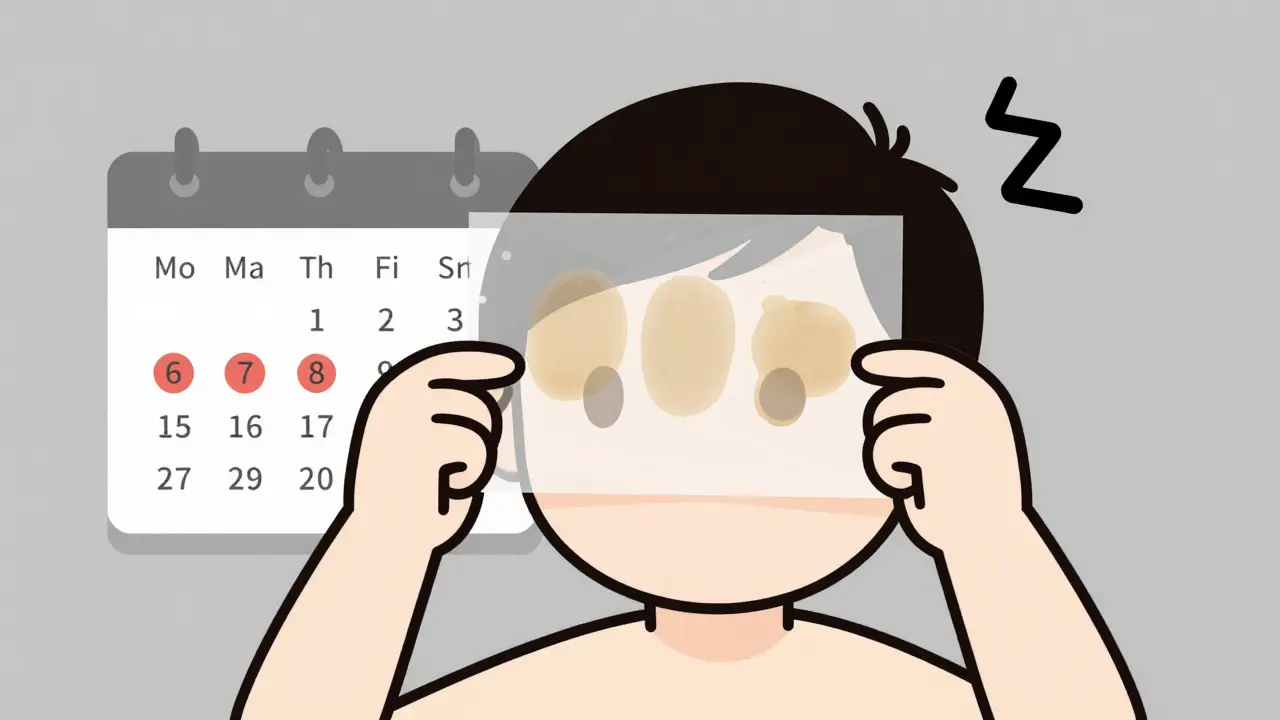 Прозрачная пленка с масляными пятнами на лбу, календарь с отмеченными сезонами обострения.