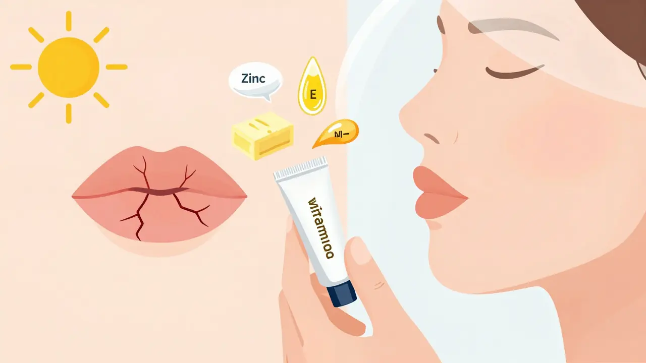 Рука наносит бальзам с плавающими компонентами: цинк, витамин Е, солнце.