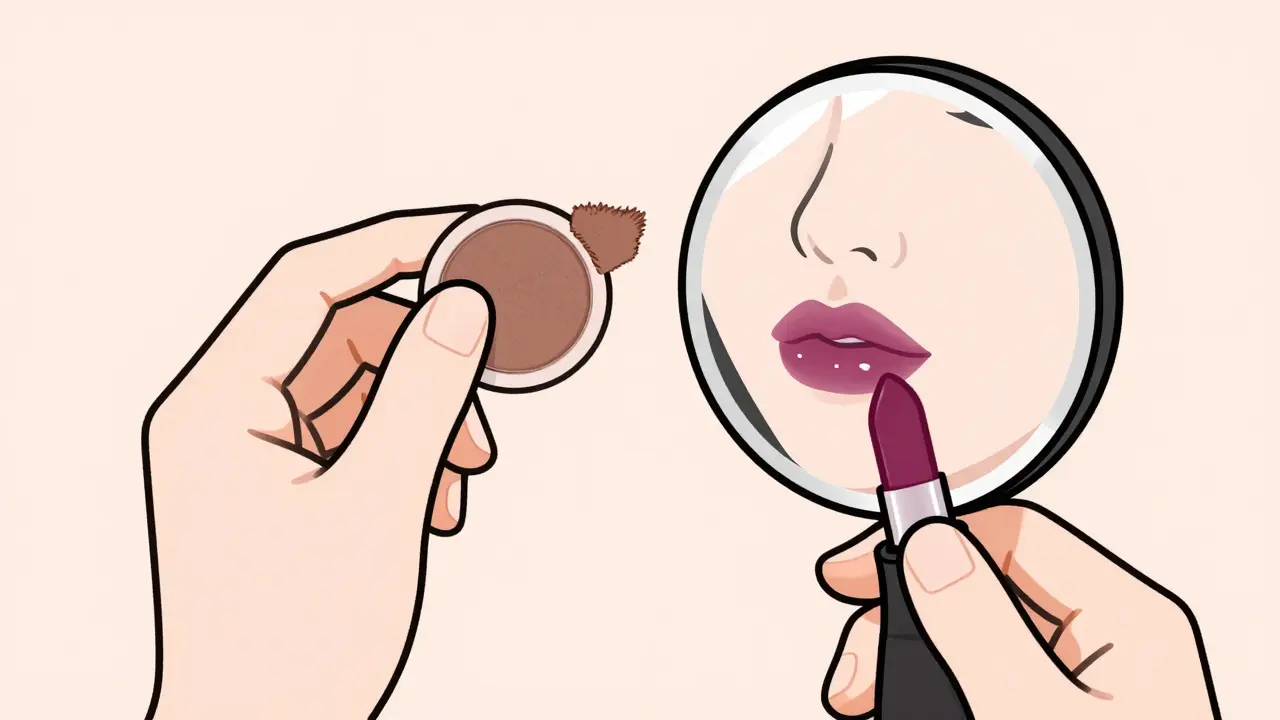 Рука наносит матовые тени и глянцевую помаду, зеркало отражает баланс между текстурами.