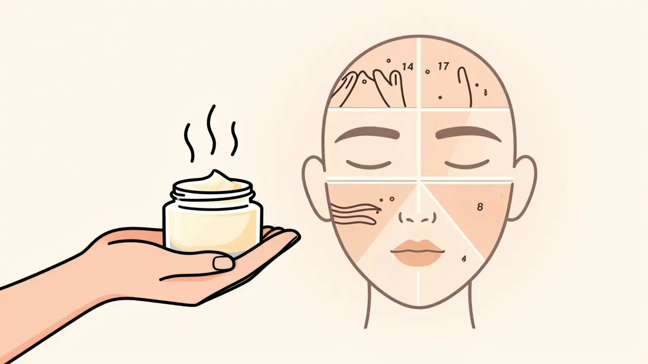 Рука согревает крем между ладонями, рядом — схема последовательности нанесения.