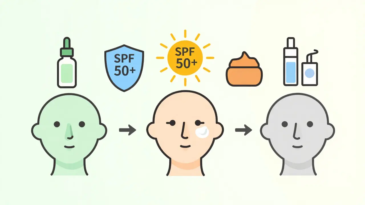 Сезонные изменения в уходе за кожей: весна, лето, осень, зима — как абстрактные иконки над лицом.