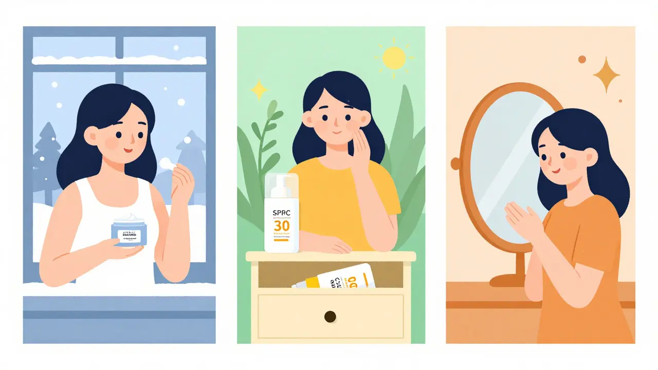 Сезонный уход с ретинолом: зима, весна, лето и осень в одной иллюстрации.