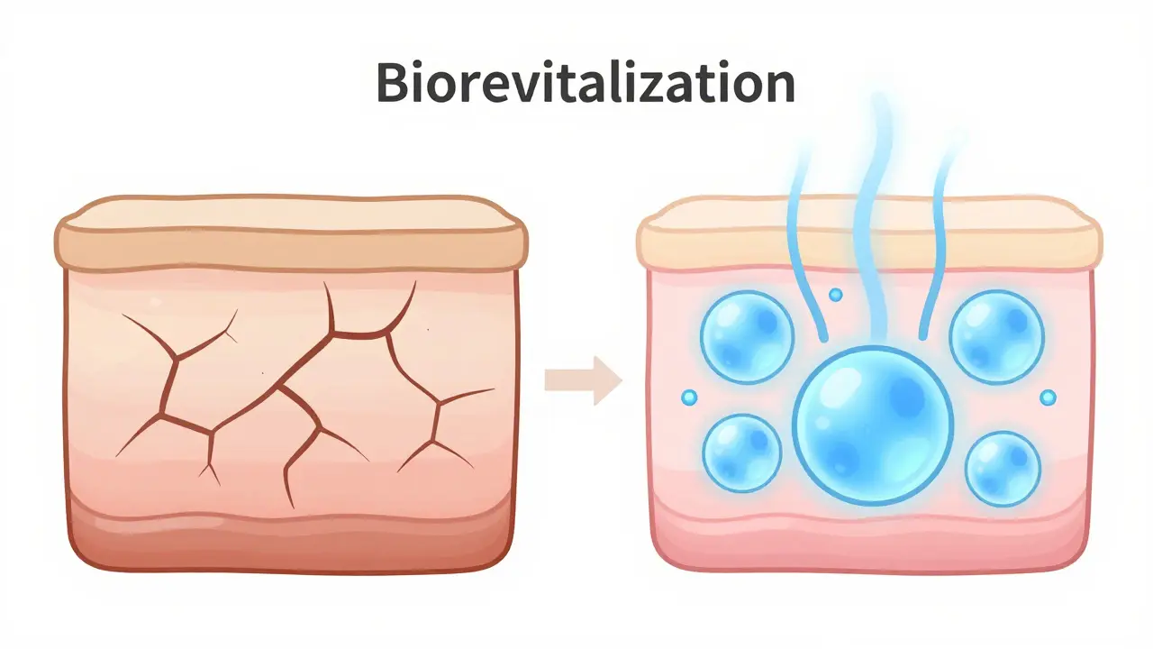 Сравнение сухой и увлажнённой кожи: слева — трещины, справа — гладкая кожа с молекулами гиалуроновой кислоты.