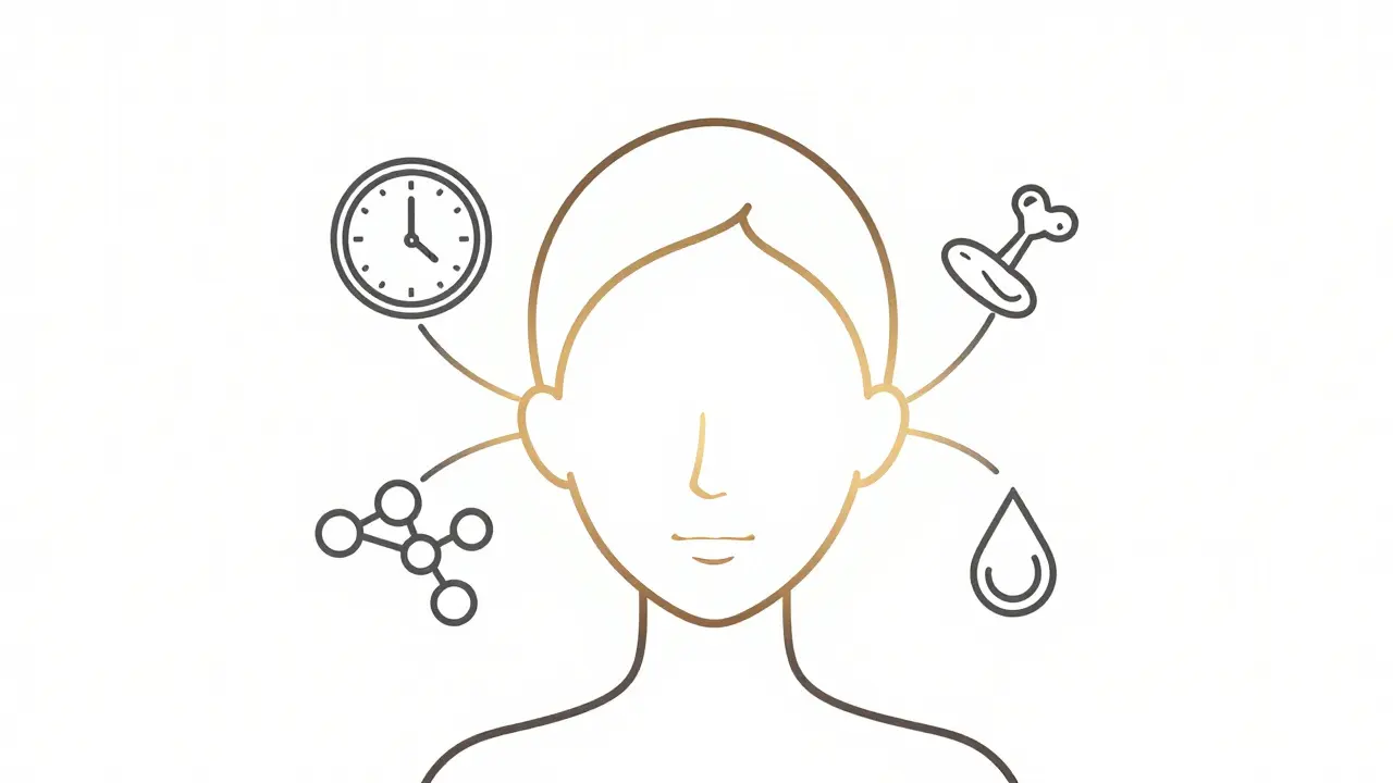 Стилизованное лицо с символами времени и увлажнения, создающее образ синергии между ботулотоксином и биоревитализацией.