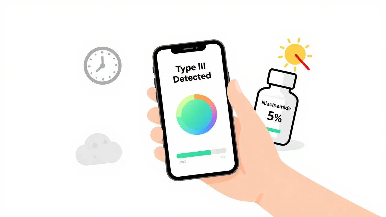 Телефон показывает тип кожи III, рядом крем с ниацинамидом и символы защиты