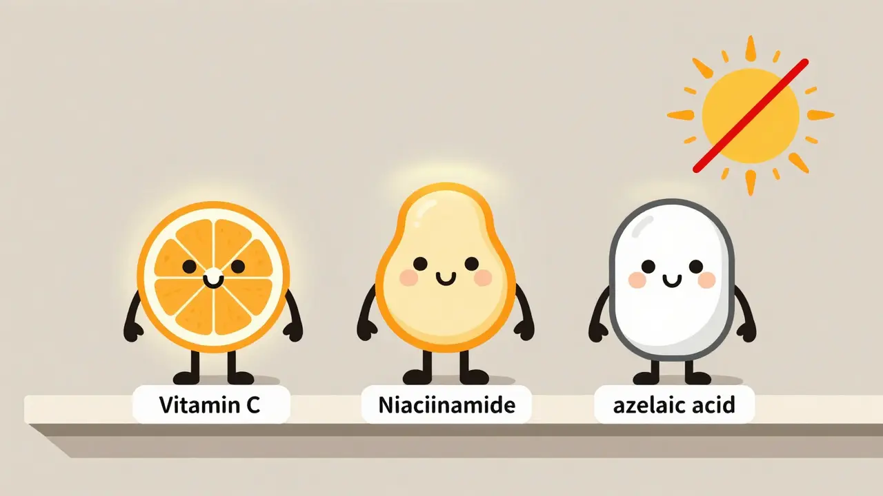 Три абстрактных иконки активов: витамин С, ниацинамид и азелаиновая кислота, с символом запрета солнца на фоне.
