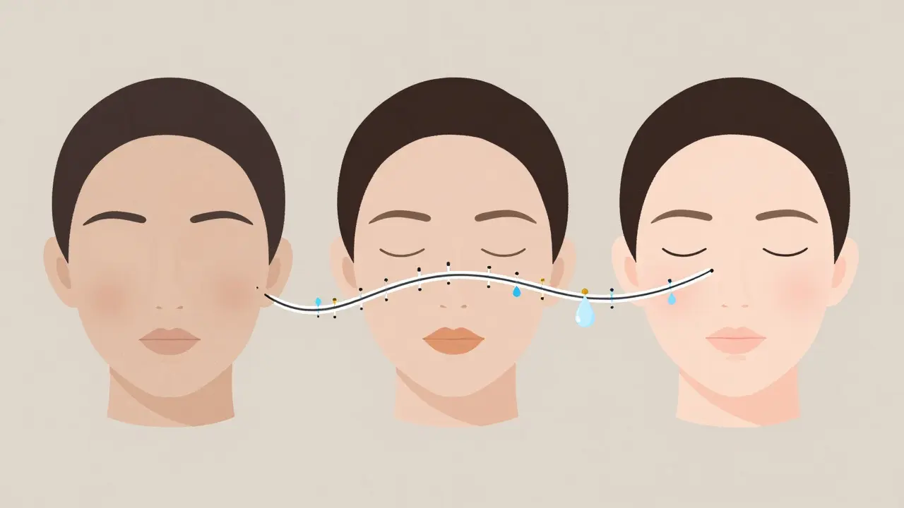 Три стадии кожи: сухая, улучшающаяся и сияющая, соединённые инъекциями и каплями влаги.