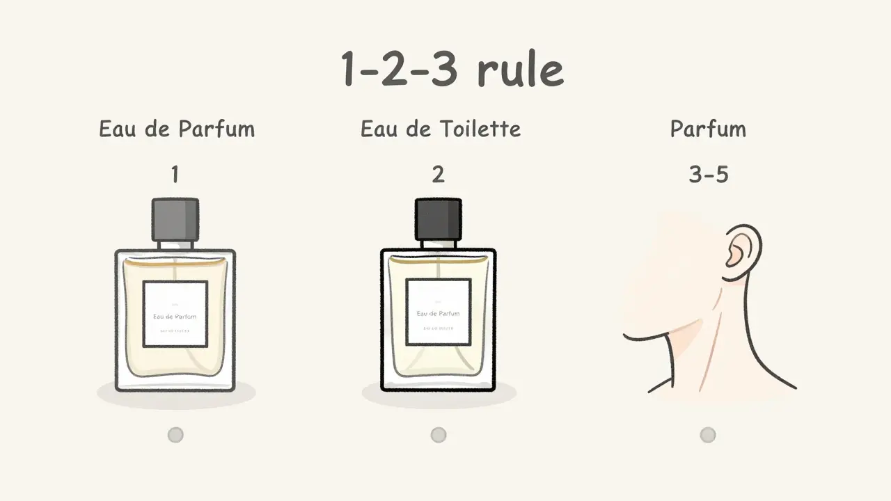 Три типа парфюма с рекомендованным количеством пшиков над пульсовыми точками.