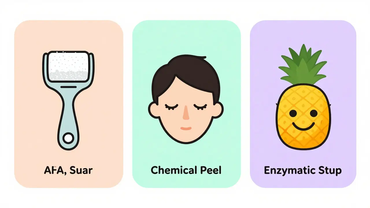 Три типа скрабов для кожи головы: механический, кислотный и ферментный, изображённые как иконки.
