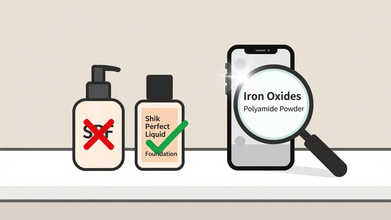 Три тональных крема на столе: один запрещён, два подходят для фотосъёмки с выделенными безопасными компонентами