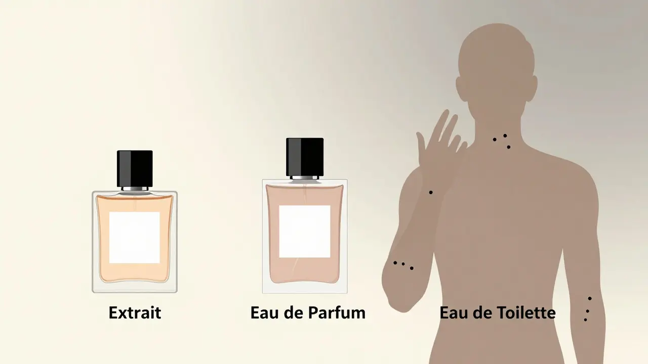 Три вида парфюма с точками нанесения на силуэте человека.