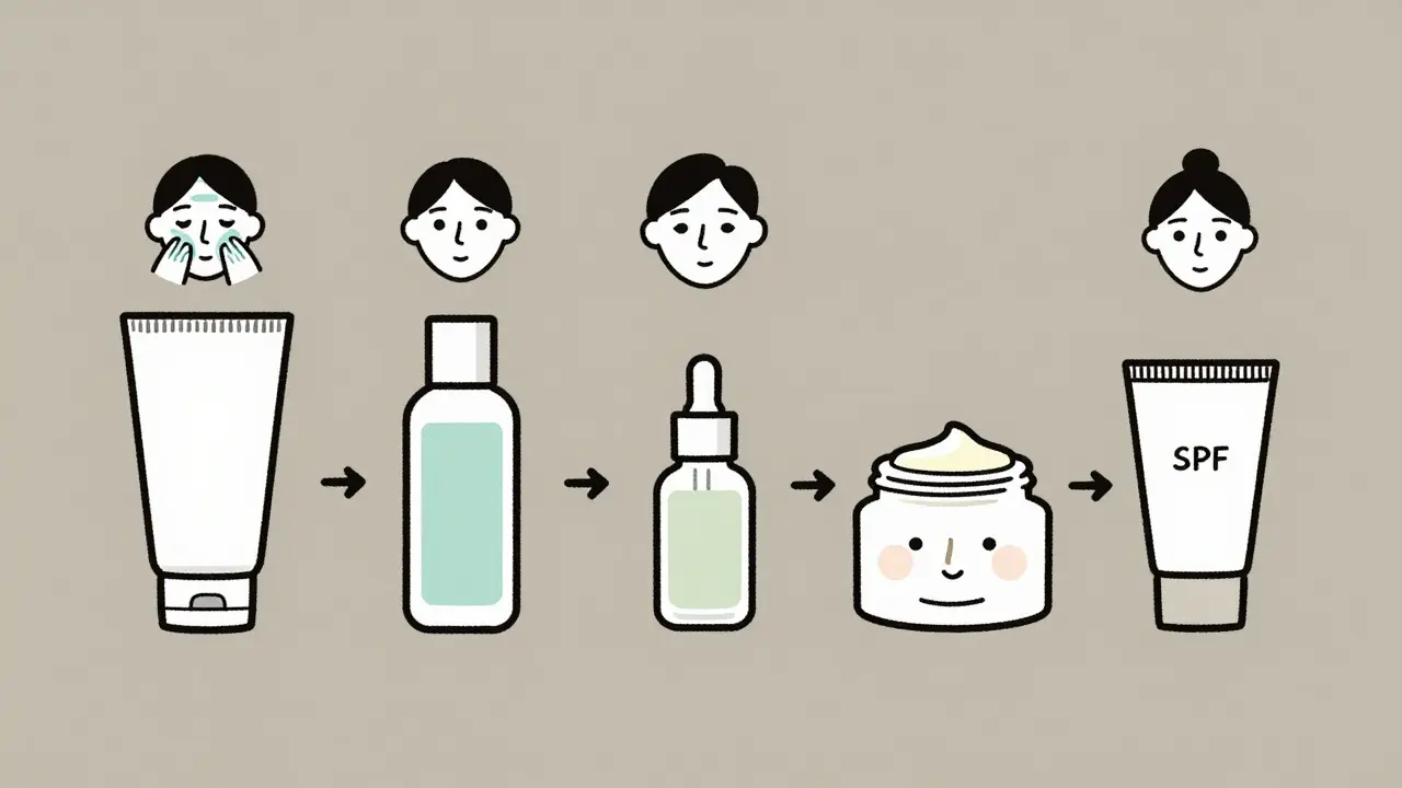 Утренний уход за комбинированной кожей: пять шагов в виде минималистичных икон