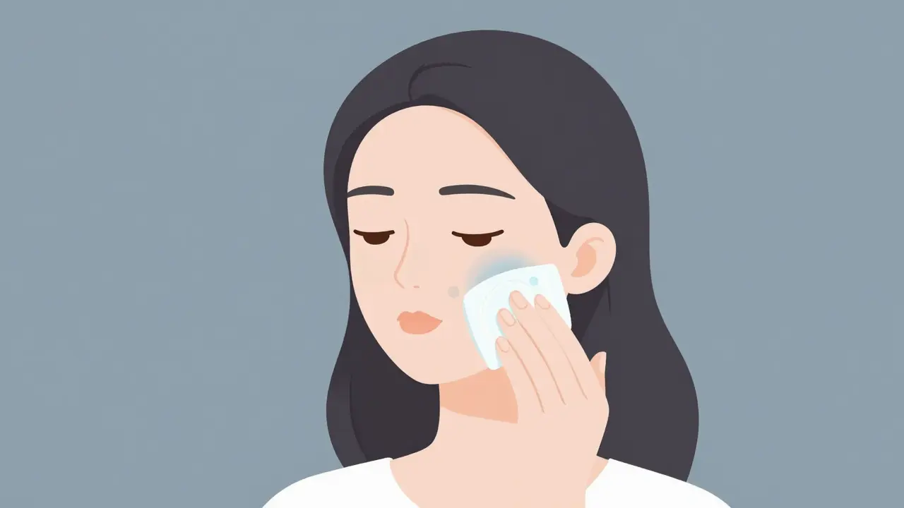 Женщина прикладывает холодный компресс к щеке после инъекции.