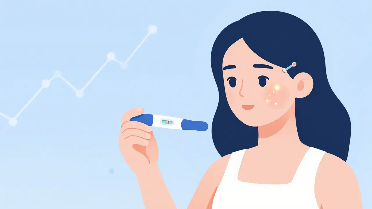 Женщина с тестом на овуляцию и схемой инъекций на лице, символы гормонов в фоне.