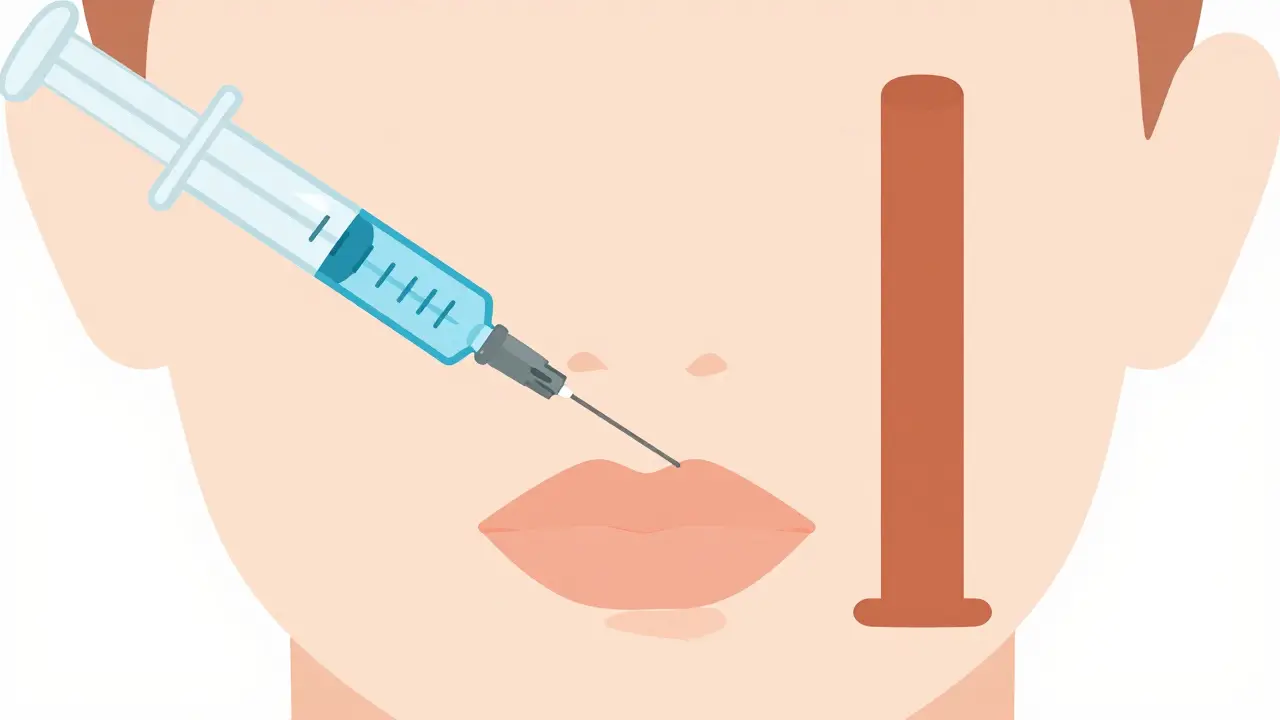 Абстрактная схема введения трех типов филлеров в лицо: тонкий поток под глаза, средний — в губы, плотный столб — в челюсть.