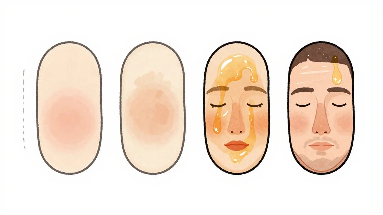 Четыре образца салфеток с разными следами жира, показывающие типы кожи.