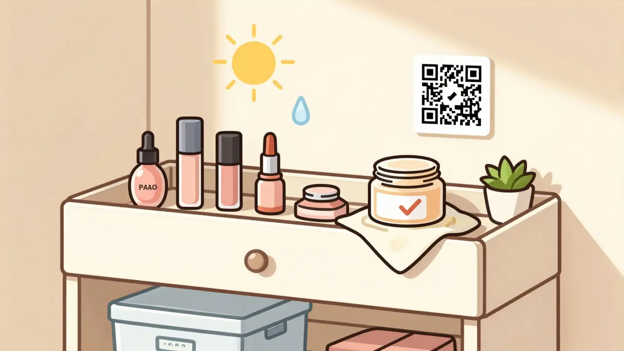 Чистая полка в спальне с упаковками косметики, одна баночка протирается спиртовой салфеткой, рядом QR-код.