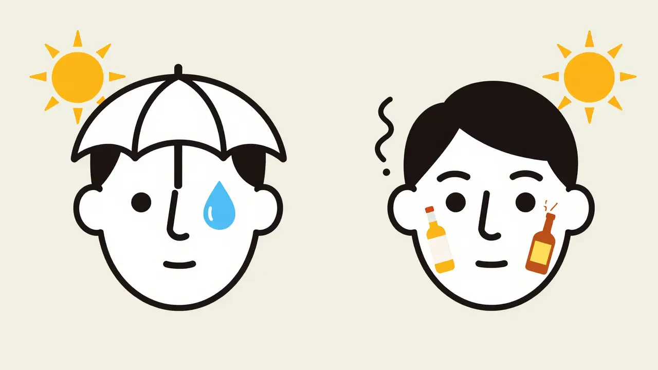 Два лица: одно защищено солнцезащитным кремом и водой, другое подвержено вредным привычкам — символическое сравнение долговечности эффекта.