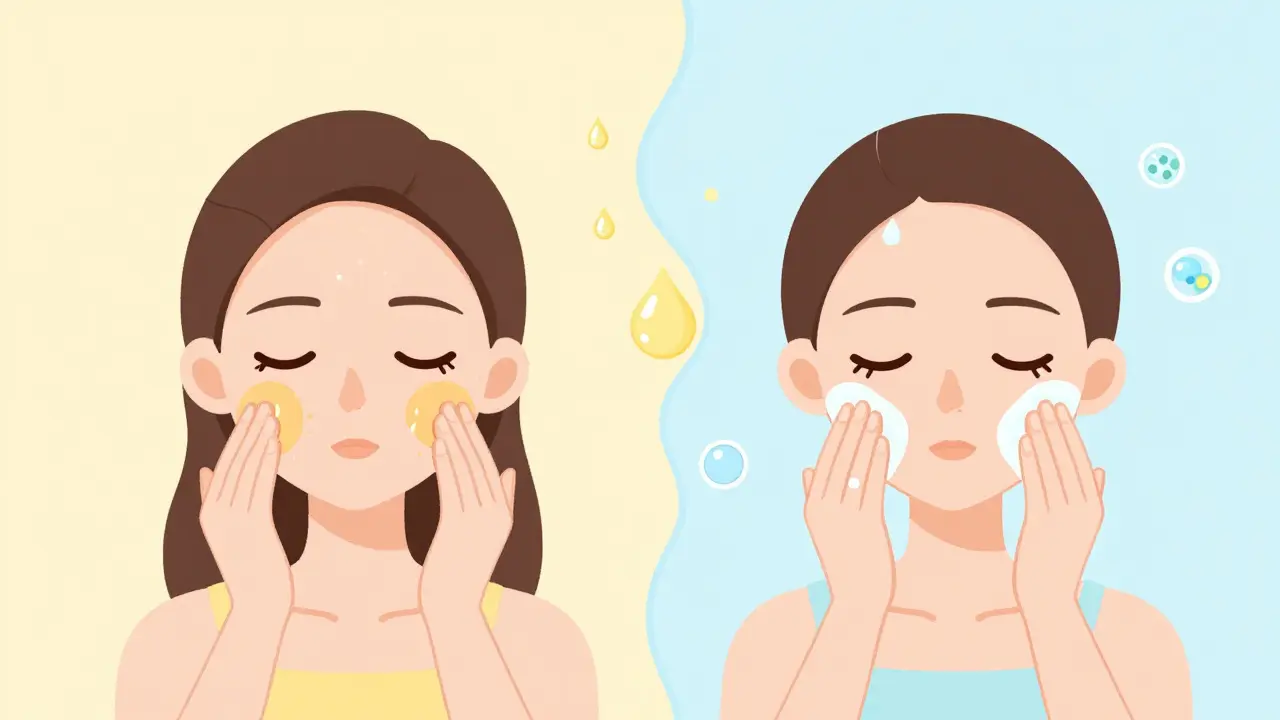 Двухэтапное очищение лица: масляное средство и гель, разделенные символами себума и салициловой кислоты.