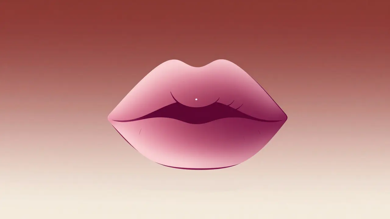 Губы с реверсивным омбре: светлые края, темный центр, блик на верхней губе, минималистичный стиль.